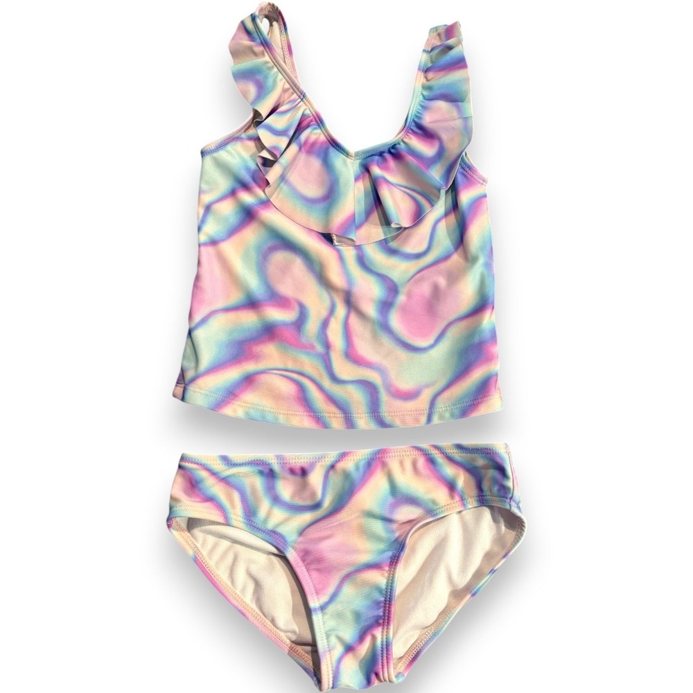 Cat & Jack Girls Pastel Marble Tankini Swimsuit Set 2pc Size S 6/6X Ruffle Top